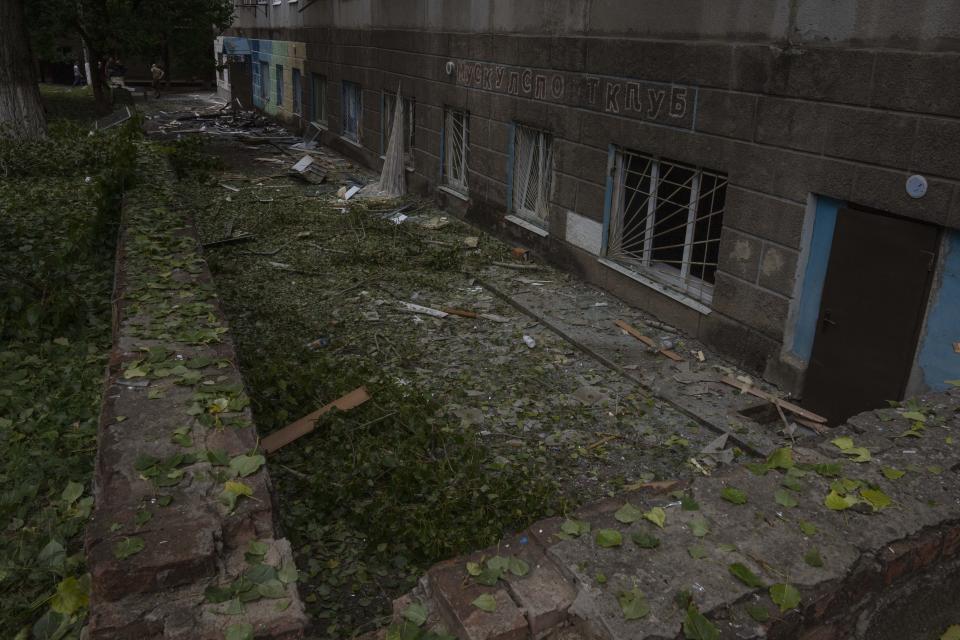 A five-story residential building damaged from a rocket attack on a residential area, in Kramatorsk, eastern Ukraine, Tuesday, July 19, 2022. (AP Photo/Nariman El-Mofty)