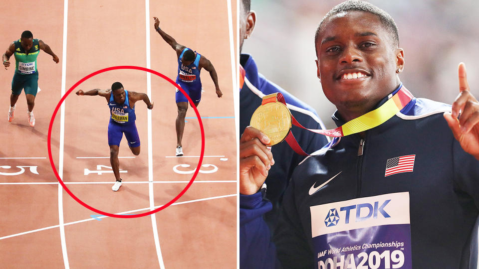 Christian Coleman, pictured here winning gold in the 100m at the 2019 world championships.