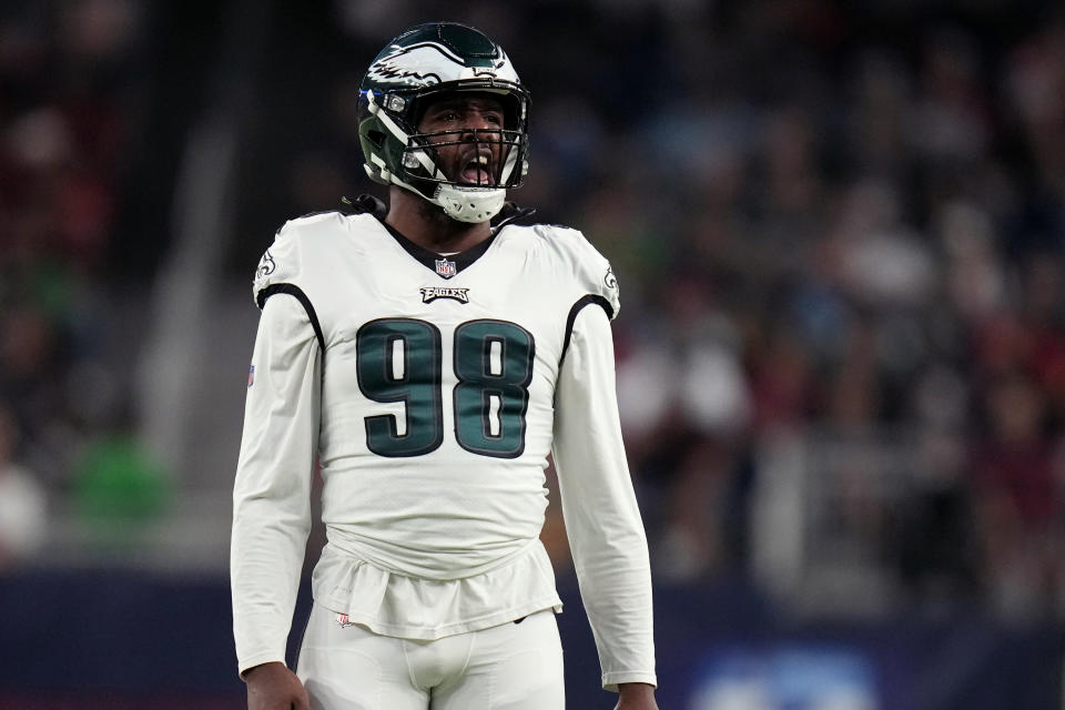 Philadelphia Eagles defensive end Robert Quinn (98) reacts in the second half of an NFL football game against the Houston Texans in Houston, Thursday, Nov. 3, 2022. (AP Photo/Eric Christian Smith)