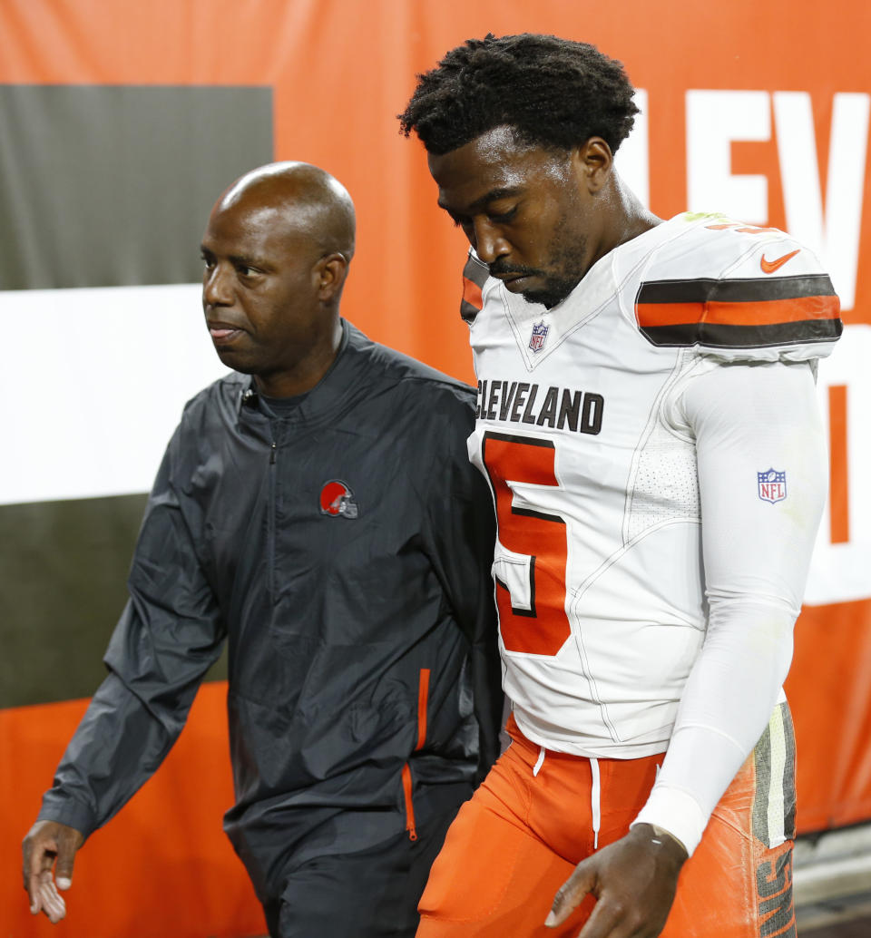 Cleveland Browns quarterback Tyrod Taylor walks to the locker room during the first half of an NFL preseason football game against the Philadelphia Eagles, Thursday, Aug. 23, 2018, in Cleveland. (AP Photo/Ron Schwane)