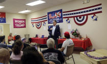 Dean Black, the chair of the Duval County Republican Party, addresses fellow Republicans during a presidential debate watch party at party headquarters in Jacksonville, Fla., on Thursday, Oct. 22, 2020. (AP Photo/Bobby Caina Calvan)