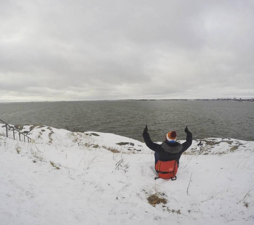 Odele in Suomenlinna Finland buried in snow and overlooking the sea 