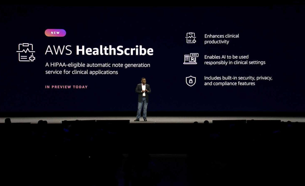 Swami Sivasubramanian, a VP at AWS, is shown on stage announcing the new HealthScribe product.