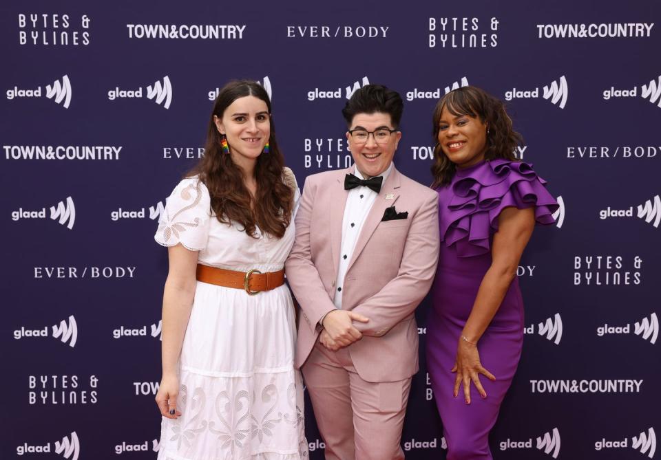 washington, dc april 27 l r erin reed, vitus spehar and tona brown attend glaads bytes bylines whcd reception at embassy of ireland on april 27, 2023 in washington, dc photo by tasos katopodisgetty images for glaad tona brown