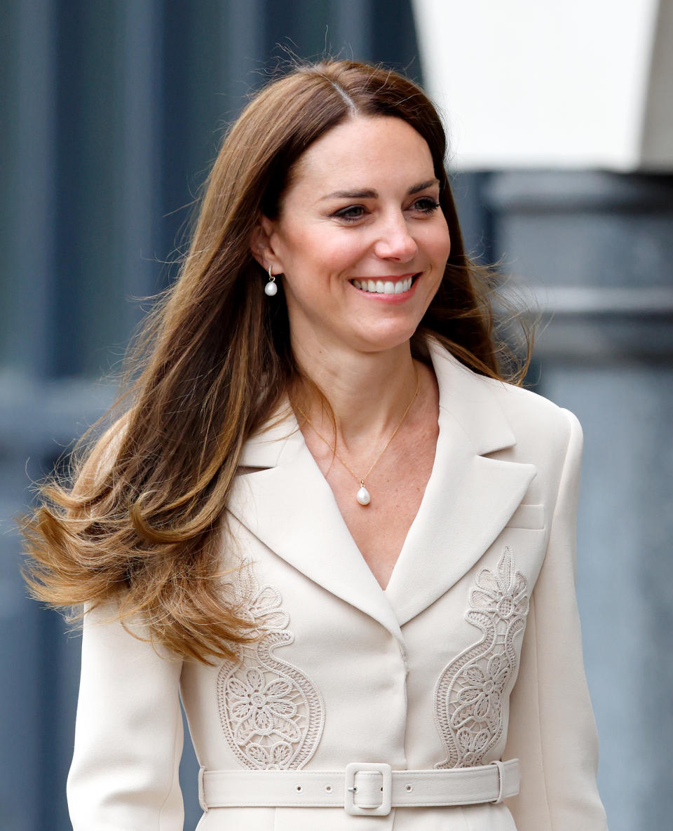 Catherine, Duchess of Cambridge, Patron of the Royal College of Obstetricians and Gynaecologists, visits the headquarters of the Royal College of Midwives (RCM) and the Royal College of Obstetricians and Gynaecologists (RCOG) on April 27, 2022 in London, England. The Princess Royal and Duchess of Cambridge are visiting the headquarters to hear about the ways in which the RCM and the RCOG are working together to improve maternal health care, ensuring women are receiving the safest and best care possible at one of the most significant times in their lives. (Photo by Max Mumby/Indigo/Getty Images)