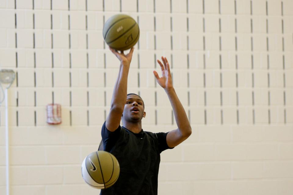 Tinley Park's Andre AJ Casey (83) shoots around during a Purdue Men's Basketball Elite Camp, Saturday, Aug. 24, 2019 at the Cordova Recreational Sports Center in West Lafayette.