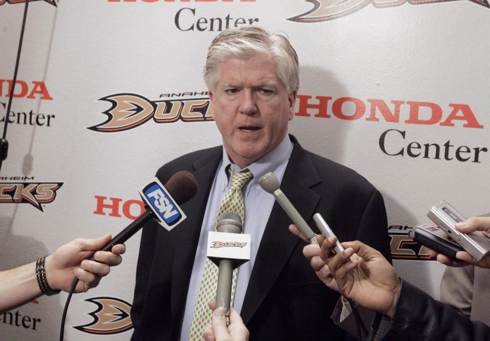 Ducks general manager Brian Burke talks to the media in 2007.