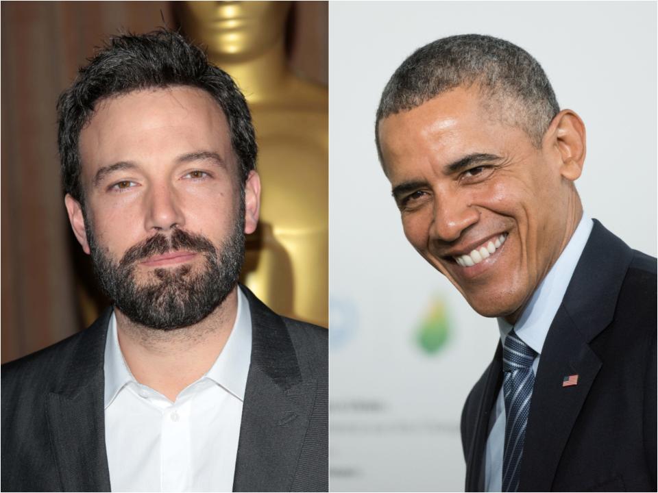 Ben smiling with facial hair and in a suit next to Obama smiling in a suit.