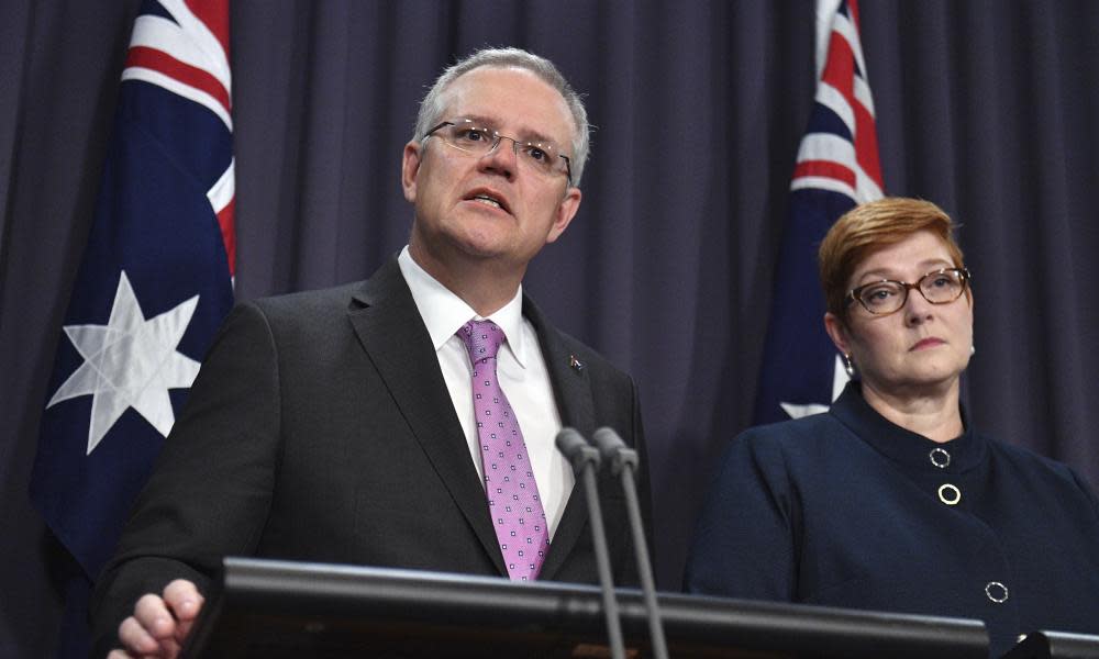 Prime Minister Scott Morrison, left, speaks to the media alongside Minister for Foreign Affairs Marise Payne 