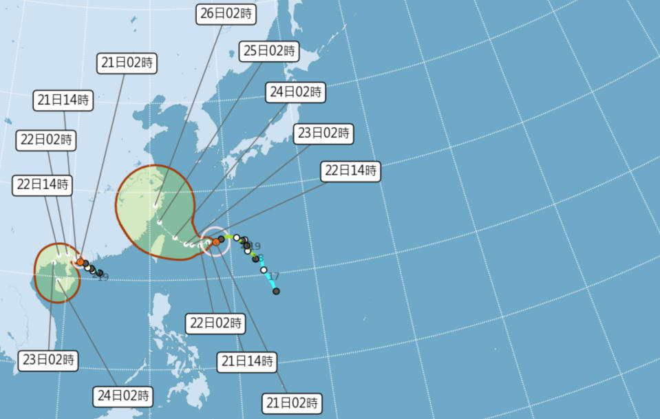 中颱烟花今晨2時中心位置在台北東方680公里海面上，路徑稍往北修、強度續增，預計中午前後發海警、明白天發陸警，北台降雨愈晚愈明顯，並逐漸擴大至中部，周五、六影響台灣最劇，不排除登陸。（圖片來源：氣象局，下同）