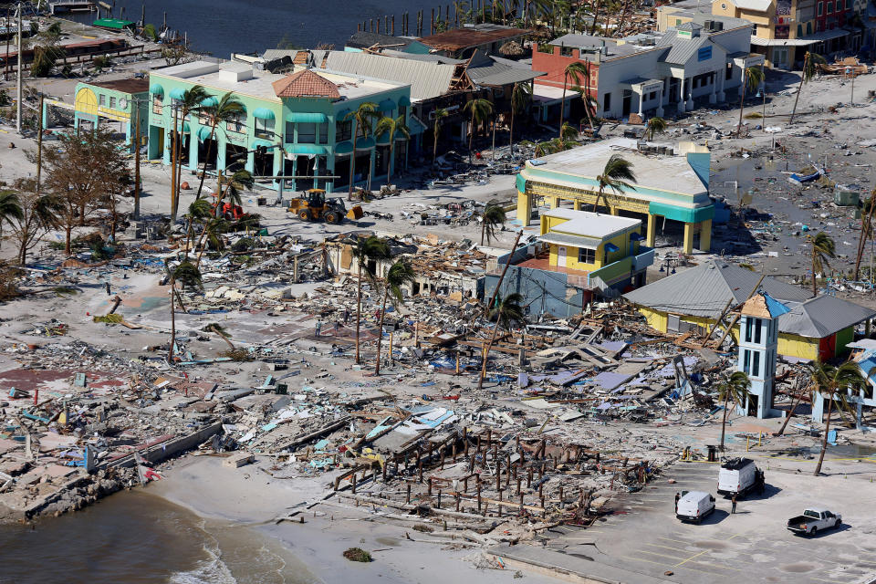 Destroyed building and debris in Fort Myers Beach after the passage of Hurricane Ian. (Joe Raedle / Getty Images)