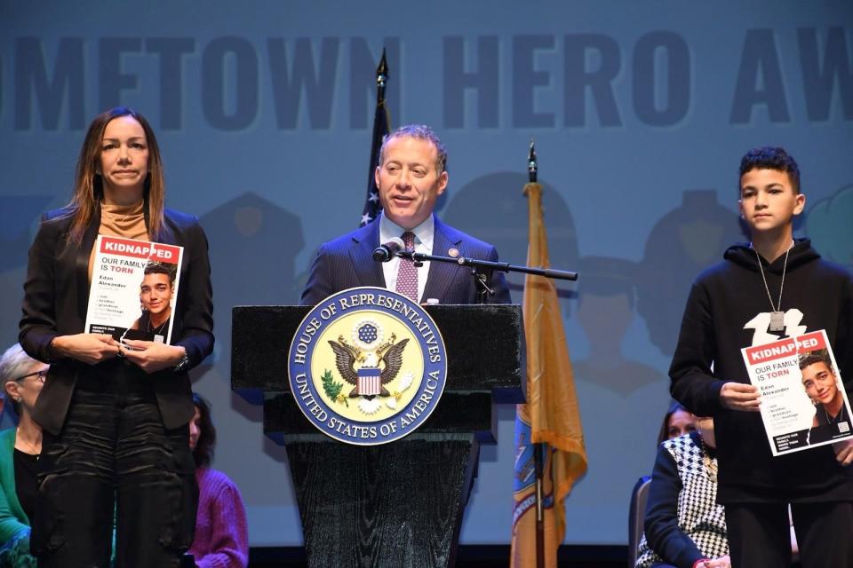 Rep. Josh Gottheimer honored the 5th District Hometown Heroes, including Edan Alexander of Tenafly, at a ceremony at Bergen Performing Arts Center in Englewood. Alexander's family members accepted the honor, as he is being held hostage by terrorists in Gaza.