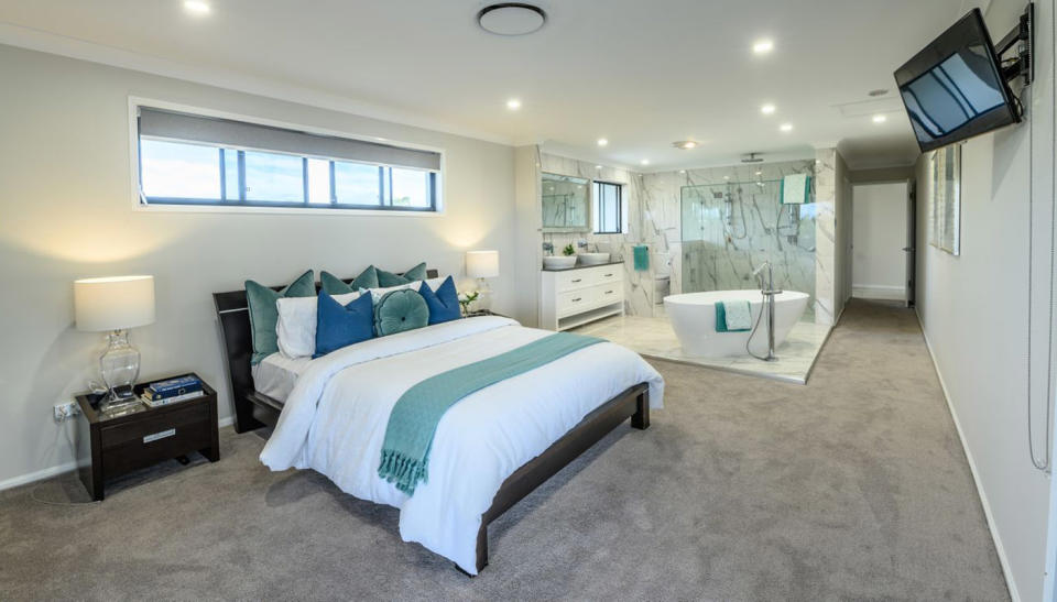 The ensuite is completely visible from the master bedroom of this luxury Wynnum property. Source: Queensland Sotheby’s International