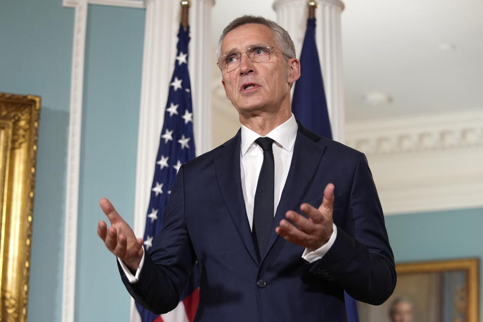 NATO Secretary General Jens Stoltenberg speaks during a meeting with Secretary of State Antony Blinken, not pictured, Tuesday, July 9, 2024, at the State Department in Washington. (AP Photo/Stephanie Scarbrough)