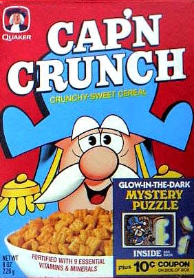 Cap'n Crunch stayed crunchy, even in milk, according to 1970s advertising from Quaker Oats.