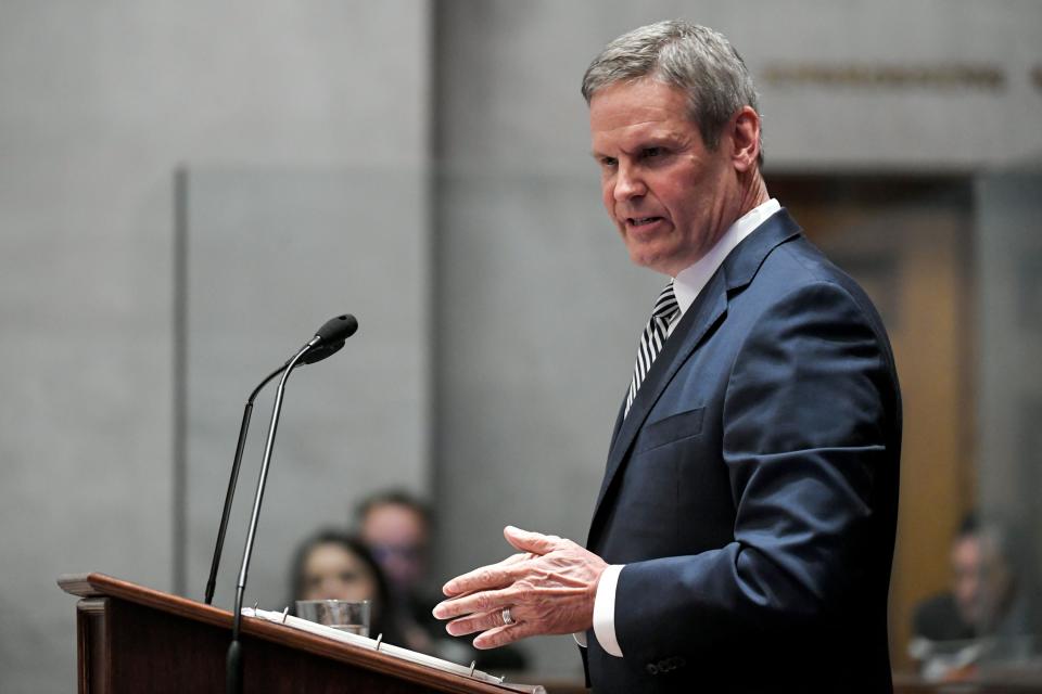 Gov. Bill Lee gives his first State of the State address before a joint session of the Tennessee General Assembly inside the House chambers at the state Capitol in Nashville on Monday, March 4, 2019. 