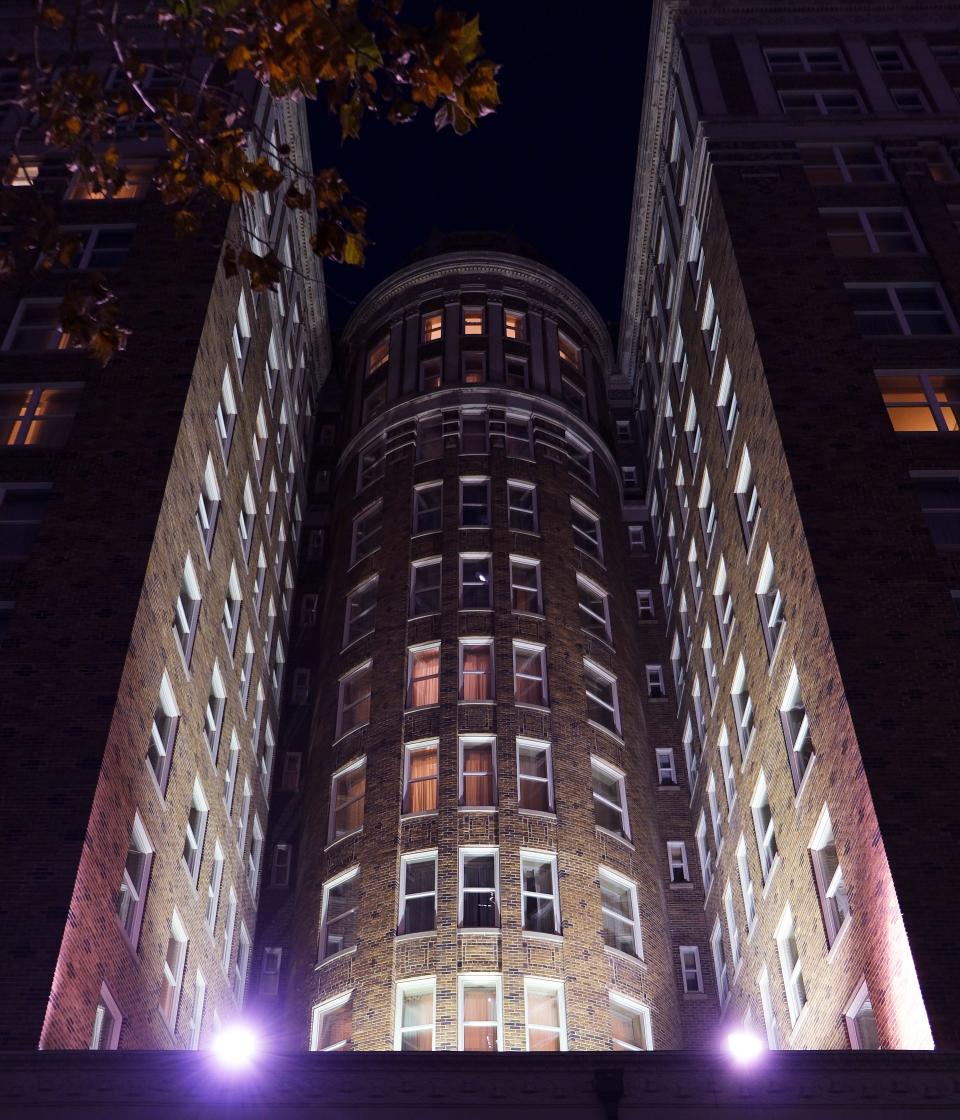The Skirvin Hilton in downtown Oklahoma City is pictured at night on Dec. 5.