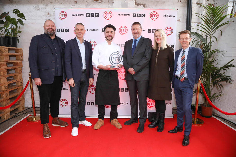 Jon Swain from Shine TV, BBC director-general Tim Davie, MasterChef: The Professionals winner Dan Lee, screenwriter Steven Knight, director of BBC entertainment Kate Phillips and West Midlands mayor Andy Street (BBC/Shine TV/PA)