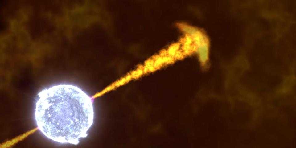 Image of a narrow gamma-ray burst jet heading into space.