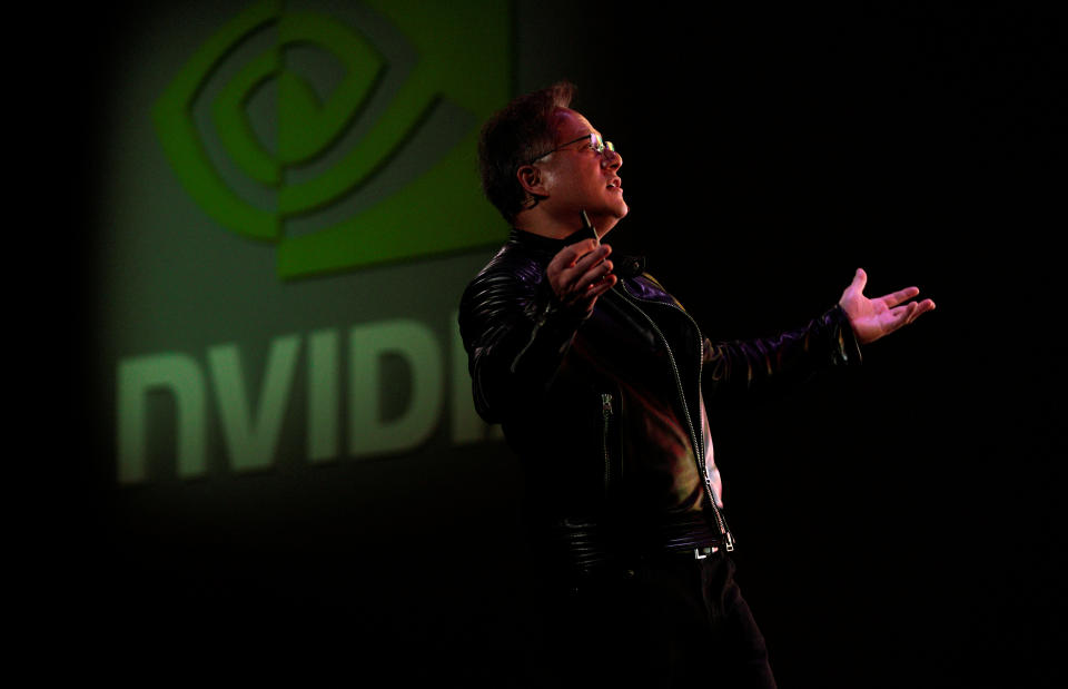 Jensen Huang, CEO of Nvidia, reacts to a video at his keynote address at CES in Las Vegas, Nevada, U.S. January 7, 2018. REUTERS/Rick Wilking