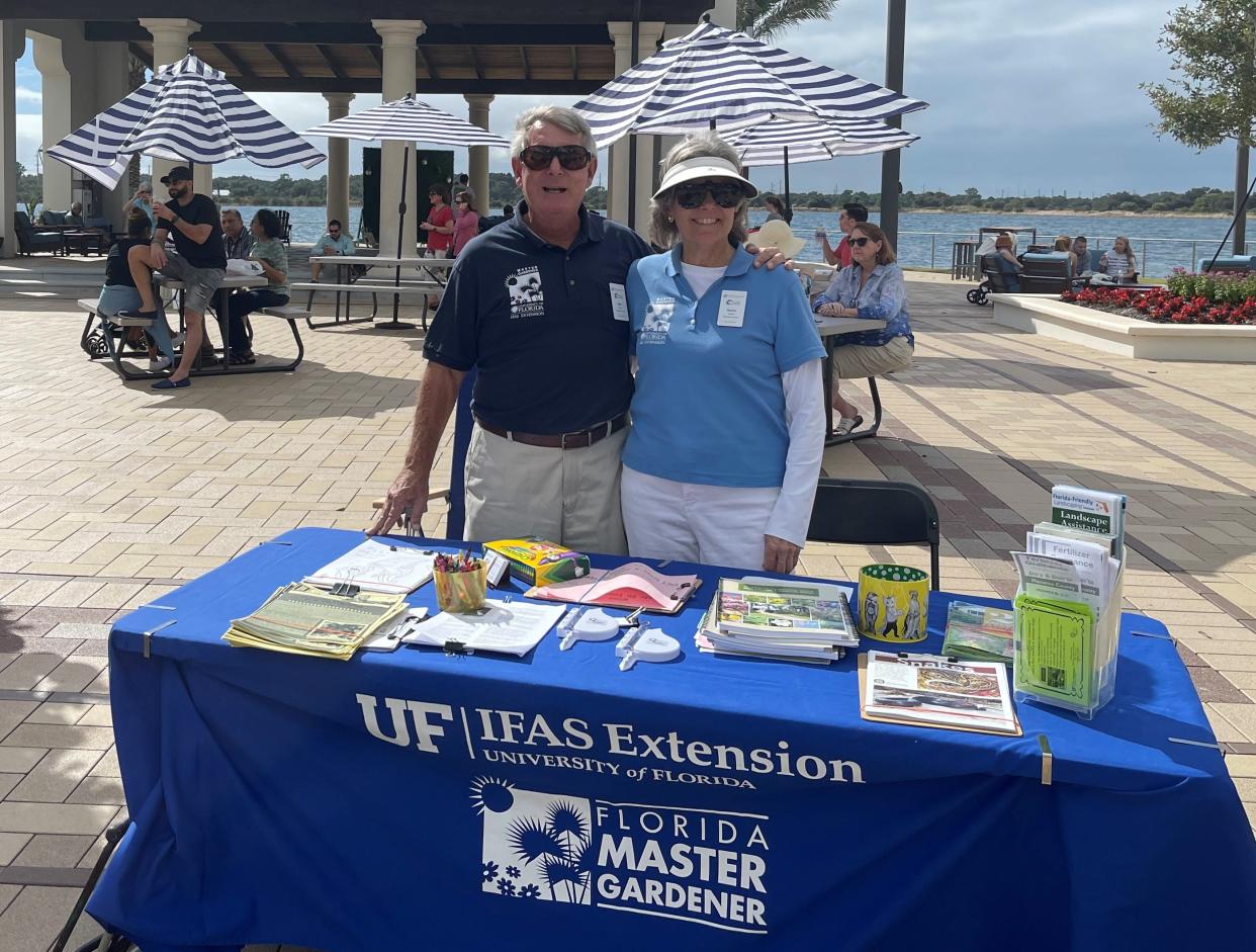 MGVs Tom and Karen Eckert on duty recently at the Lakewood Ranch Farmers Market. The Master Gardener Volunteer program is administered by the University of Florida’s Institute of Food and Agricultural Sciences.