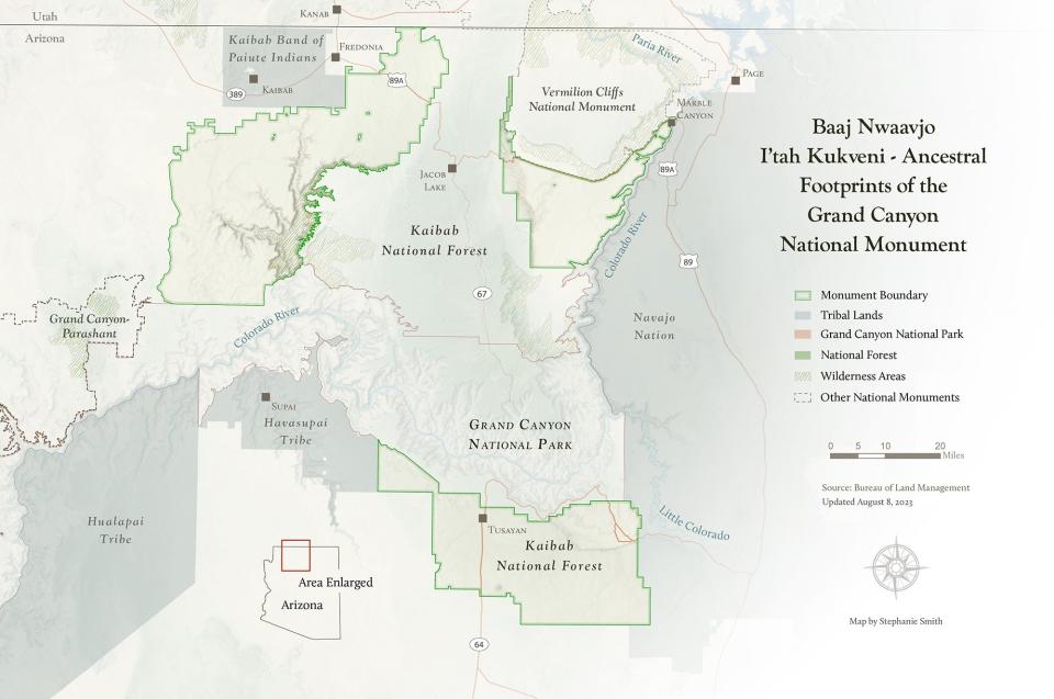 A map of Baaj Nwaavjo I'tah Kukveni – Ancestral Footprints of the Grand Canyon National Monument. CREDIT: Bureau of Land Management/Grand Canyon Trust. Map by Stephanie Smith.