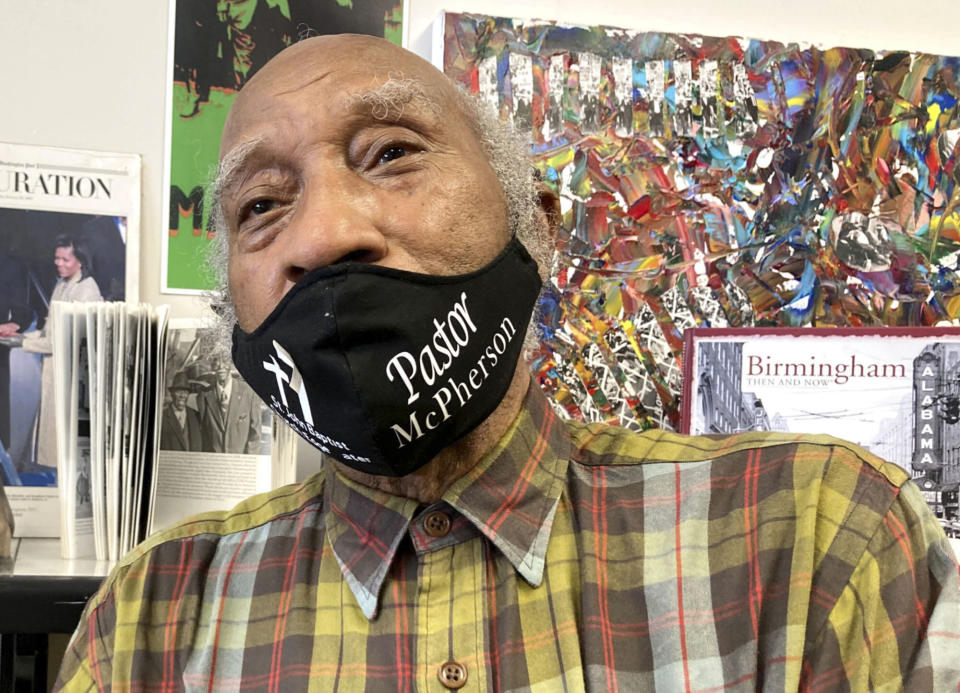 Rev. Jonathan McPherson, who was arrested while protesting with Martin Luther King Jr. in 1963, is shown during an interview in Birmingham, Ala., on Tuesday, April 27, 2021. Veterans of the campaign that King helped in Birmingham nearly 60 years ago remain in the corner of racial justice, with some joining in protests that followed George Floyd's murder by Minneapolis police last year and others watching at home on TV. (AP Photo/Jay Reeves)