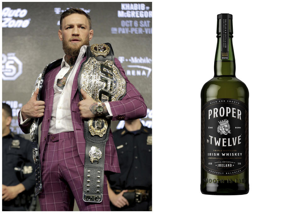 This combination photo shows Mix Martial Arts fighter Conor McGregor posing with a UFC championship belt during a news conference in New York, on Sept. 20, 2018, left, and his Proper No. Twelve Irish Whiskey. (AP Photo, left, and Proper No. Twelve Irish Whiskey via AP)