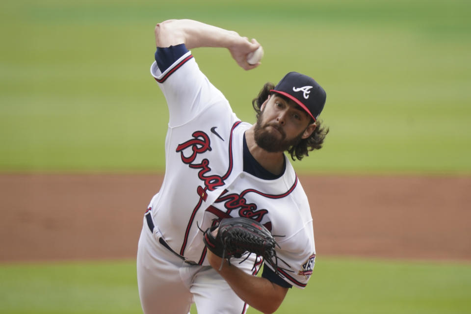 Atlanta Braves starting pitcher Ian Anderson (36) works against the Milwaukee Brewers during the first inning of Game 3 of a baseball National League Division Series, Monday, Oct. 11, 2021, in Atlanta. (AP Photo/Brynn Anderson)