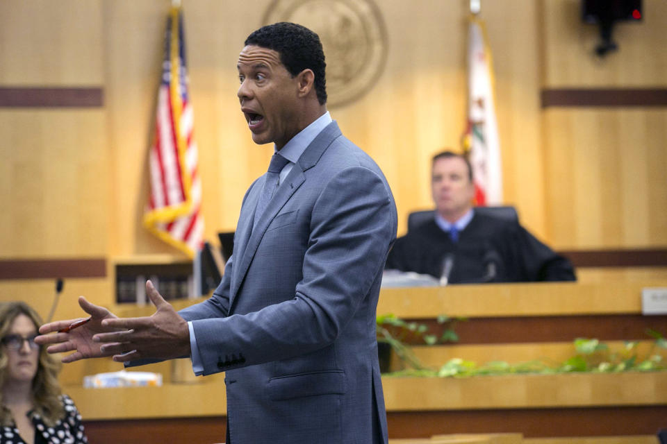 Brian Watkins, an attorney for former NFL football player Kellen Winslow Jr., gives his opening statement to the jury during Winslow's rape trial, Monday, May 20, 2019, in Vista, Calif. (John Gibbins/The San Diego Union-Tribune via AP, Pool)