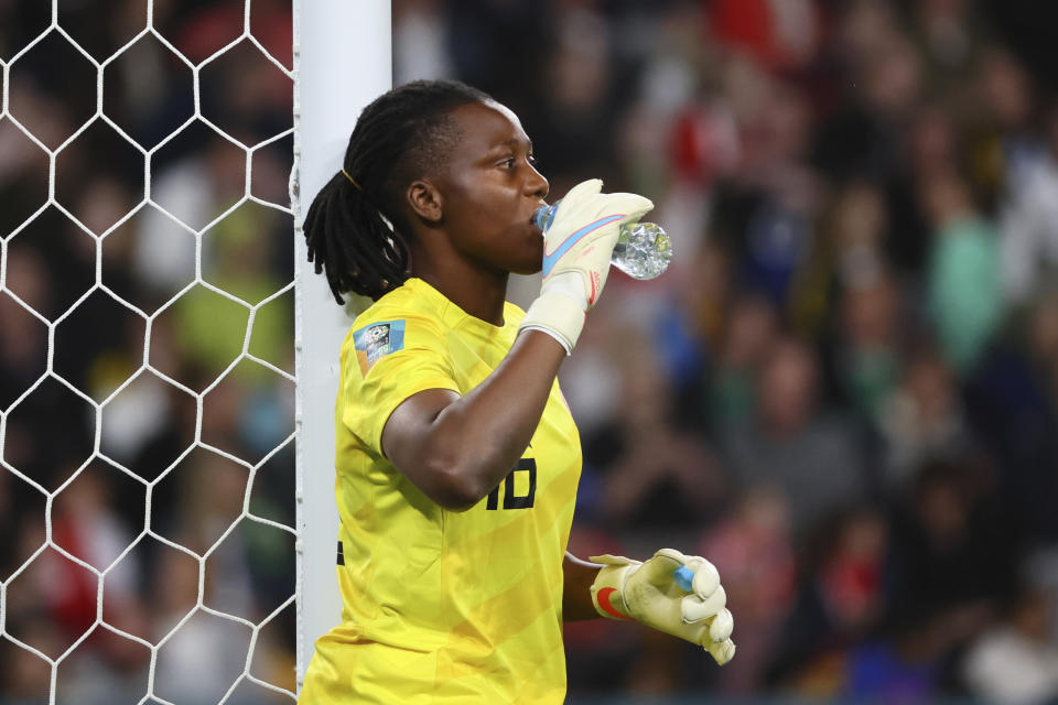 Nigeria's goalkeeper Chiamaka Nnadozie drinks during the Women's World Cup round of 16 soccer match between England and Nigeria in Brisbane, Australia, Monday, Aug. 7, 2023. (AP Photo/Tertius Pickard)