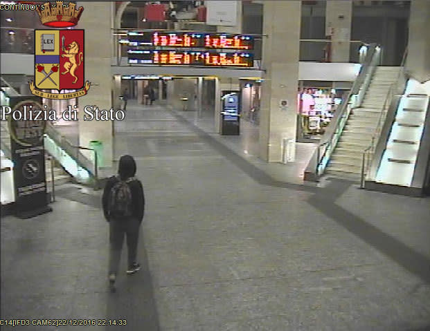 In this frame grab made available by the Italian police, Anis Amri, the main suspect in Berlin's deadly Christmas market attack walks through the train station on Dec. 22. (Italian Police via AP)