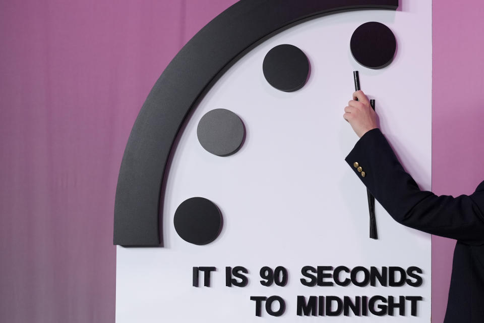 The Bulletin of the Atomic Scientists announces the latest decision on the "Doomsday Clock" minute hand, Tuesday, Jan. 23, 2024, at the National Press Club Broadcast Center, in Washington. This year, Jan. 2024, the clock will remain set to 90 seconds to midnight. (AP Photo/Jacquelyn Martin)
