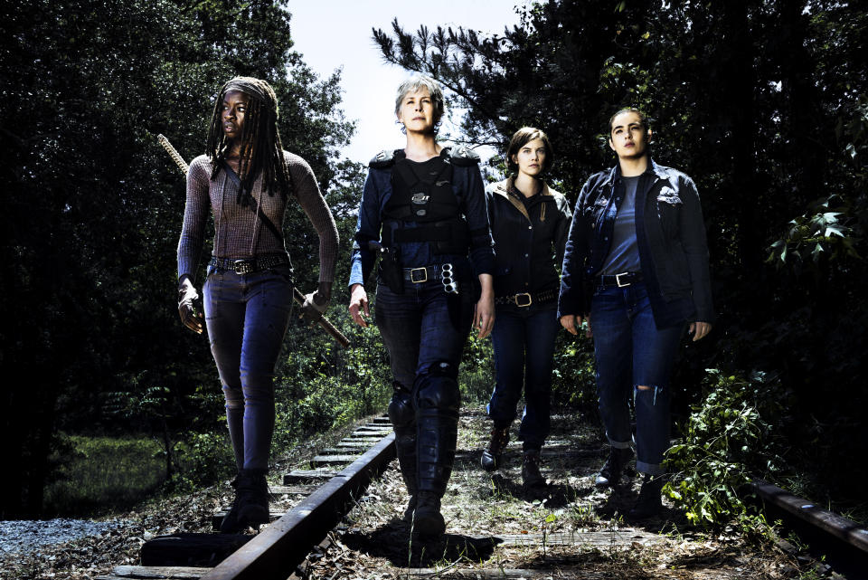 Danai Gurira as Michonne, Melissa McBride as Carol Peletier, Lauren Cohan as Maggie Greene, and Alanna Masterson as Tara Chambler in <i>The Walking Dead</i>. (Photo: Alan Clarke/AMC)