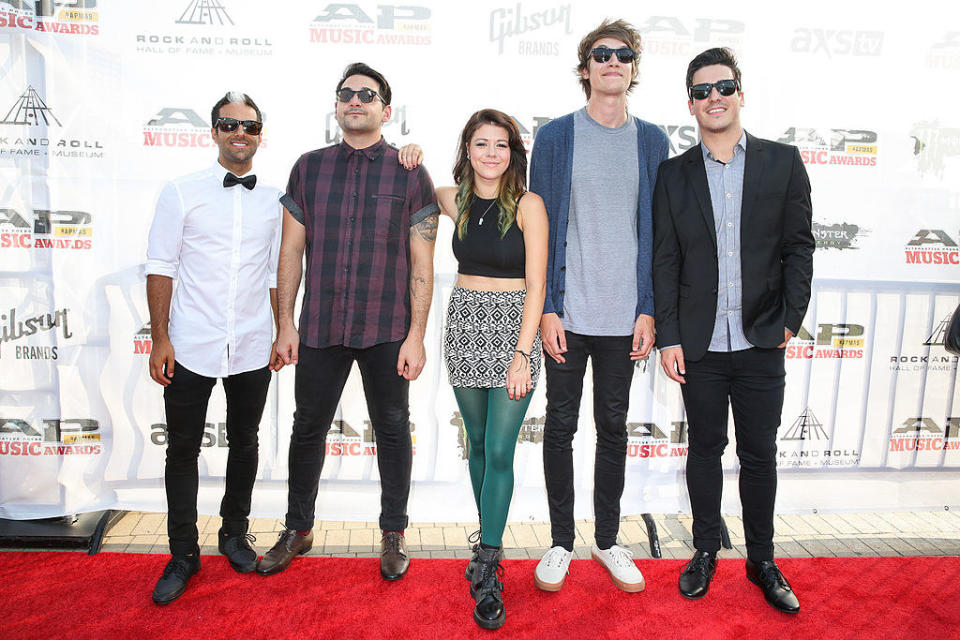 Drummer Rob Chianelli, bassist Mike Ferri, vocalist Taylor "Tay" Jardine, guitarist Jordan Eckes and guitarist Cameron Hurley of We Are The In Crowd attend the 2014 Gibson Brands AP Music Awards at the Rock and Roll Hall of Fame and Museum