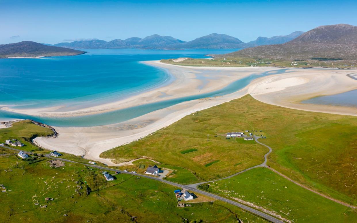An aerial view of Luskentyre's dazzling sands