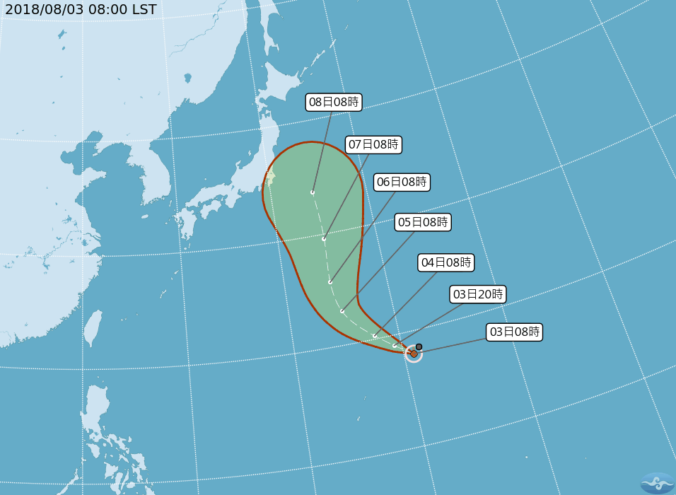 颱風「珊珊」路徑潛勢預報圖。（取自中央氣象局網站）