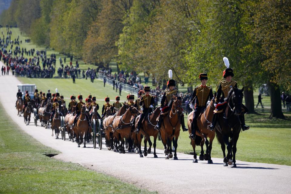 Officers of The Kings Troop Royal Horse Artillery arrive for the Gun Salute for the funeral of Britains Prince Philip at Windsor Castle in Windsor.