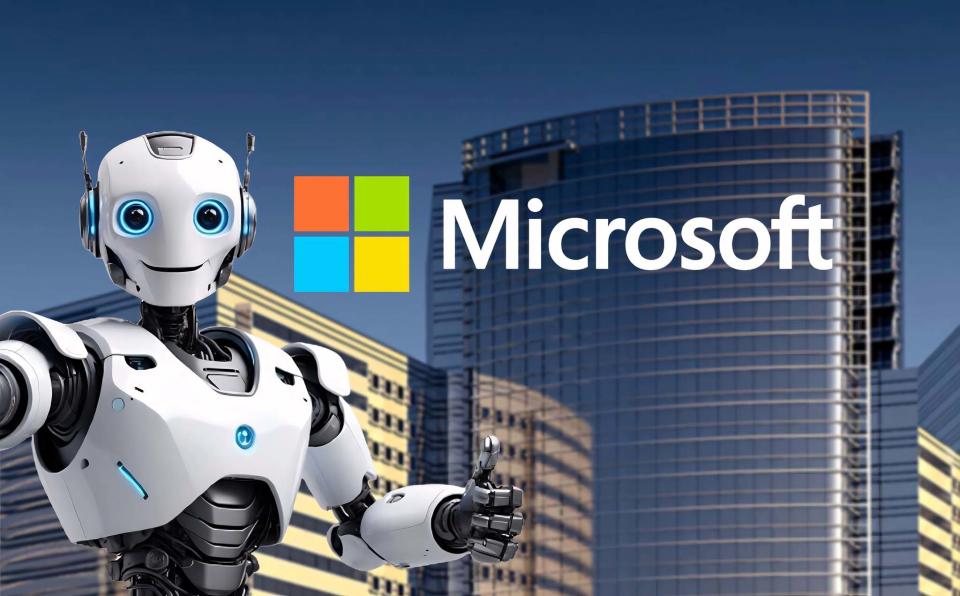 A robot standing in front of a city with the Microsoft logo