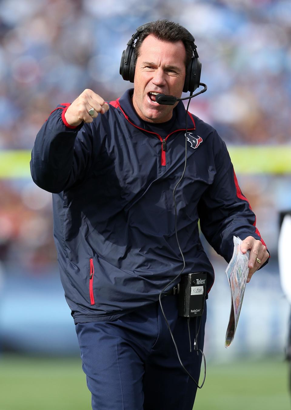 Gary Kubiak the head coach of the Houston Texans celebrates after the Texans scored a touchdown during the NFL game against the Tennessee Titans at LP Field on December 2, 2012 in Nashville, Tennessee. (Photo by Andy Lyons/Getty Images)