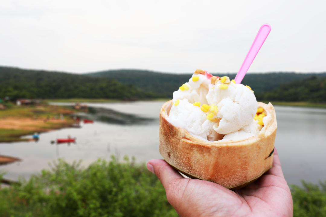 coconut ice cream in hand hold  and  reservoir background