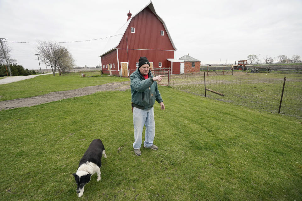 CORRECTS YEARS OF FARMING TO 43 INSTEAD OF 45 - Morey Hill speaks about his farming operation as his dog Skylar walks past, Friday, April 16, 2021, near Madrid, Iowa. In 43 years of farming, Hill had seen crop-destroying weather, rock-bottom prices, trade fights and surges in government aid, but not until last year had he endured it all in one season. Now, as Hill and other farmers begin planting the nation's dominant crops of corn and soybeans, they're dealing with another shift _ the strongest prices in years and a chance to put much of the recent stomach-churning uncertainty behind them. (AP Photo/Charlie Neibergall)