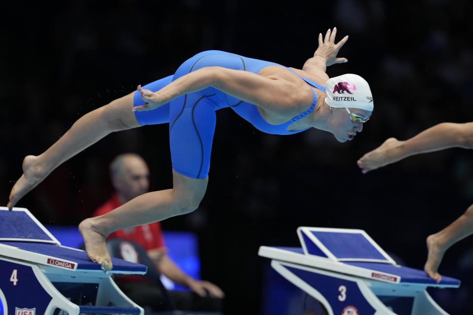 Abbey Weitzeil swims during a Women's 100 freestyle preliminary heat Tuesday, June 18, 2024, at the US Swimming Olympic Trials in Indianapolis. (AP Photo/Darron Cummings)