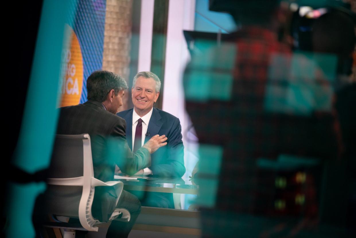 New York City Mayor Bill de Blasio is interviewed by George Stephanopoulos on Good Morning America on May 16, 2019, after declaring his candidacy to run for the President of the United States on a Youtube video on Thursday morning.