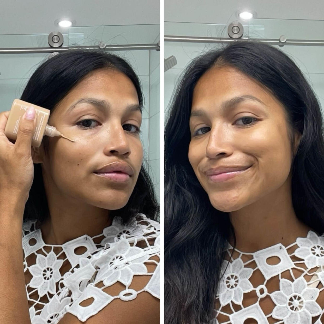 A woman before (left) and after (right) using the Supergoop Protec(tint) Daily SPF Tint SPF 50 in shade 30W. (Courtesy Bianca Alvarez, NBC Select associate reporter)