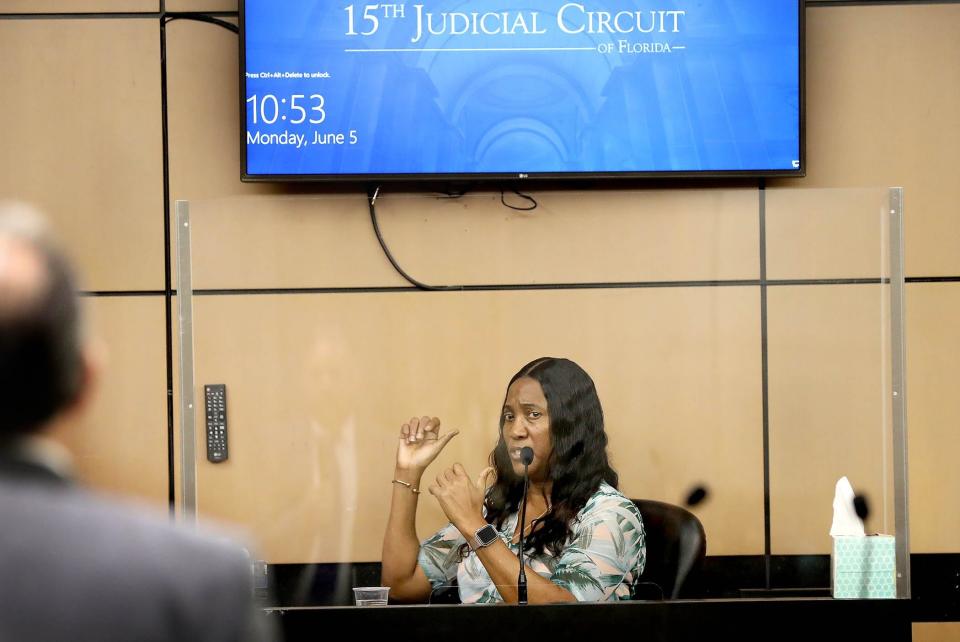 Linda Rudolph mother of Travis Rudolph testify in her son's murder trial on Monday, June 5, 2023 at the Palm Beach County Courthouse in West Palm Beach.