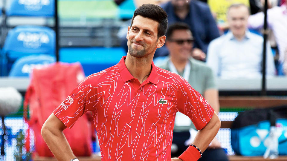 Novak Djokovic looking bewildered after a point.