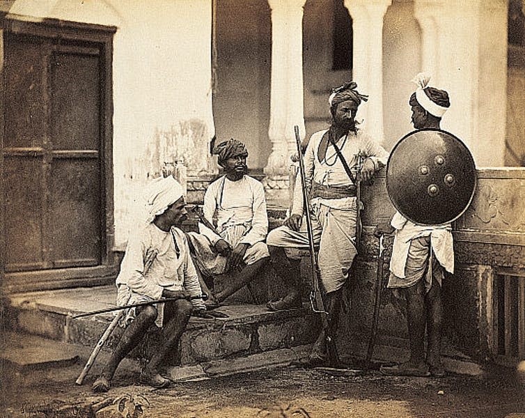 <span class="caption">Some scholars have claimed that caste was a colonial construction. A photograph from the 1860s of Rajputs, classified as a high-caste Hindu.</span> <span class="attribution"><a class="link " href="https://en.wikipedia.org/wiki/Caste_system_in_India#/media/File:Charles_Shepherd_and_Arthur_Robertson01.jpg" rel="nofollow noopener" target="_blank" data-ylk="slk:Charles Shepherd and Arthur Robertson via Wikimedia Commons;elm:context_link;itc:0;sec:content-canvas">Charles Shepherd and Arthur Robertson via Wikimedia Commons</a></span>