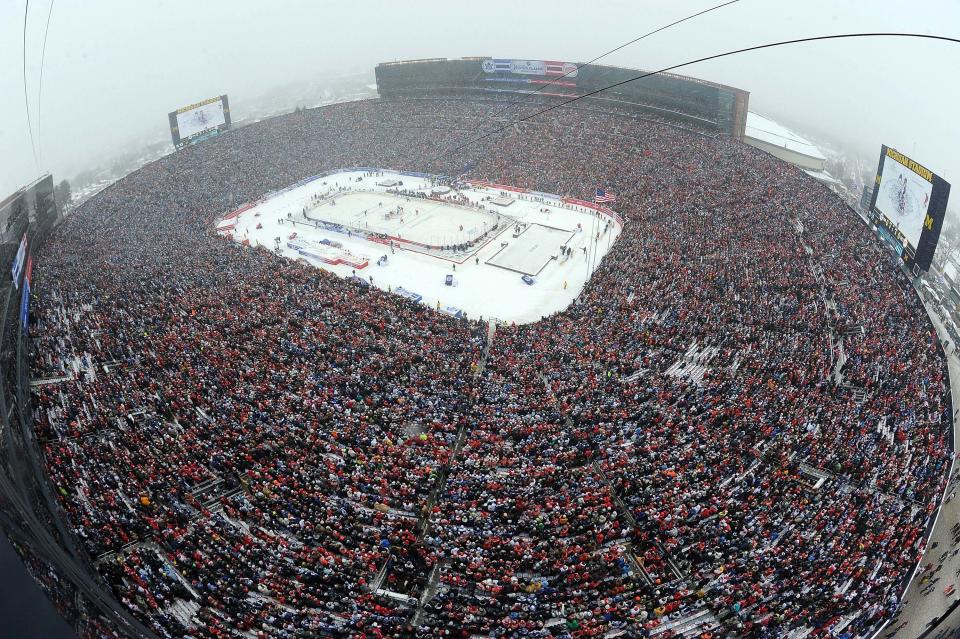 Jan 1, 2014; Ann Arbor, MI, USA; A general view from the roof of Michigan Stadium during the 2014 Winter Classic hockey game between the Detroit Red Wings and the Toronto Maple Leafs. Mandatory Credit: Noah Graham/NHLI/Pool Photo via USA TODAY Sports