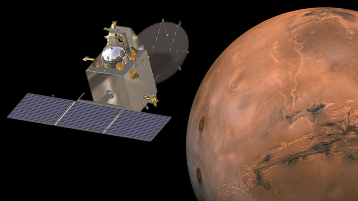  An illustration of the Mars Orbiter Mission in orbit around Mars. 